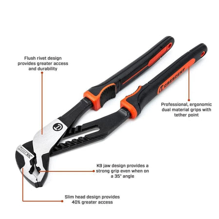 A technical infographic of the Crescent Z2 pliers identifying key features including the flush rivet design, slim head for 40% greater access, K9 jaw design for 35-degree angle gripping, and ergonomic handles with tether points.