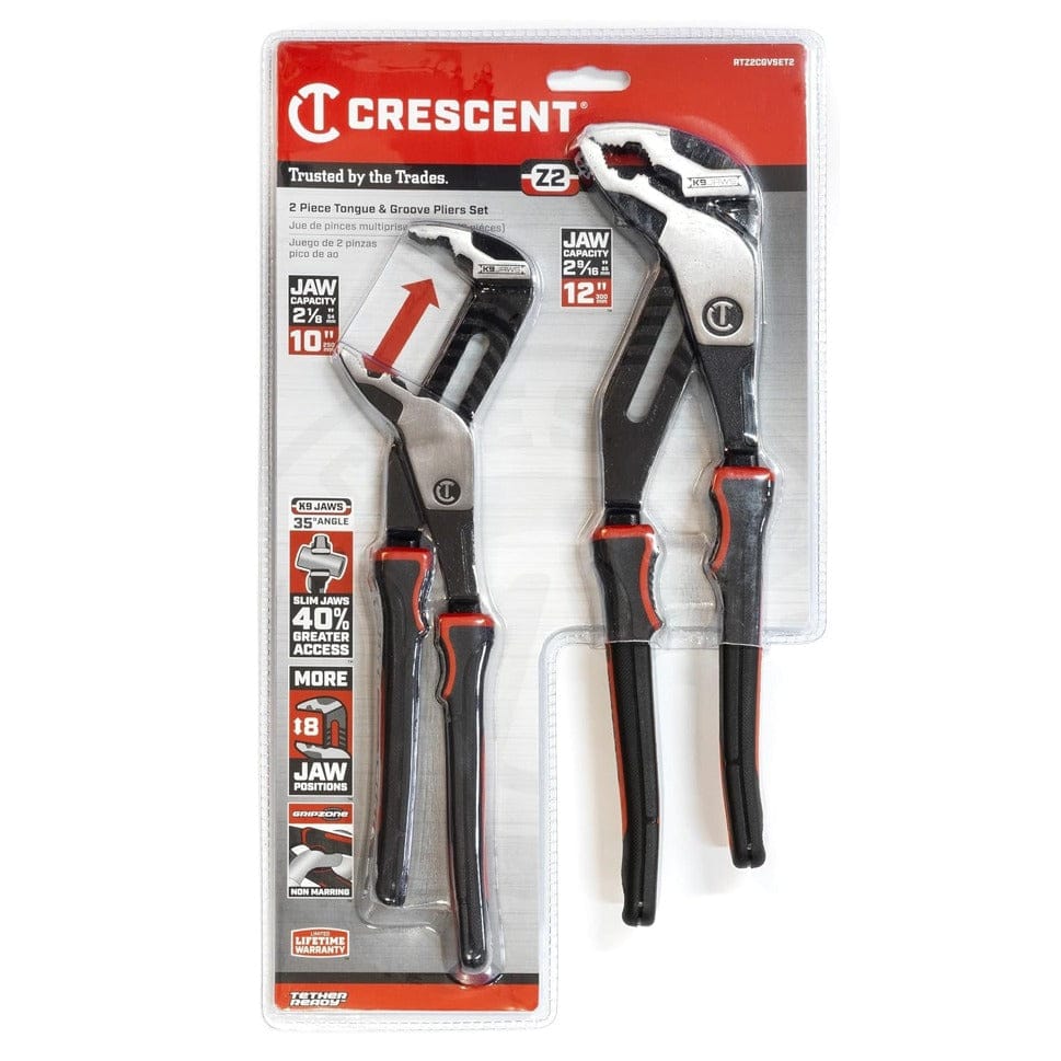The Crescent RTZ2CGVSET2 2-piece professional pliers set in its original retail clamshell packaging, detailing the jaw capacities for the 10-inch and 12-inch models and K9 jaw technology.