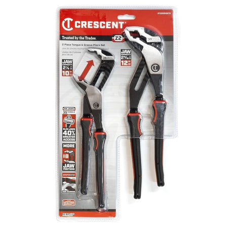 The Crescent RTZ2CGVSET2 2-piece professional pliers set in its original retail clamshell packaging, detailing the jaw capacities for the 10-inch and 12-inch models and K9 jaw technology.