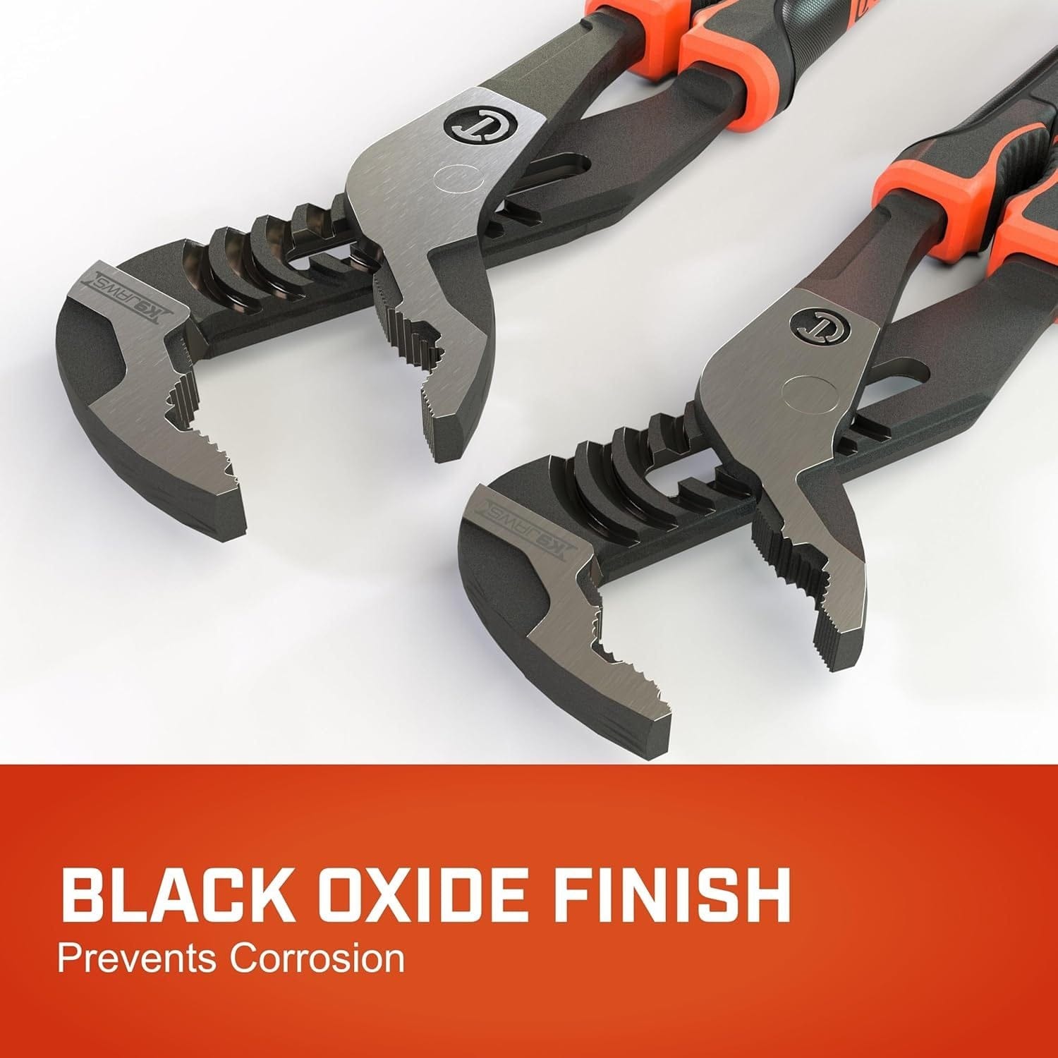 Close-up of the Crescent Z2 pliers heads illustrating the durable black oxide finish designed to prevent corrosion and the precision-machined K9 V-jaw teeth.