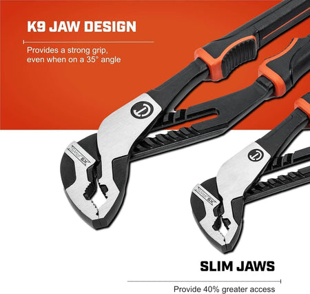 A marketing graphic highlighting the K9 jaw design for strong gripping at a 35-degree angle and the slim jaw profile that provides 40% greater access in tight spaces.