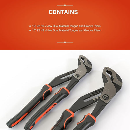 A Crescent Z2 series infographic listing the set contents as one 12-inch and one 10-inch K9 V-jaw dual material tongue and groove pliers.