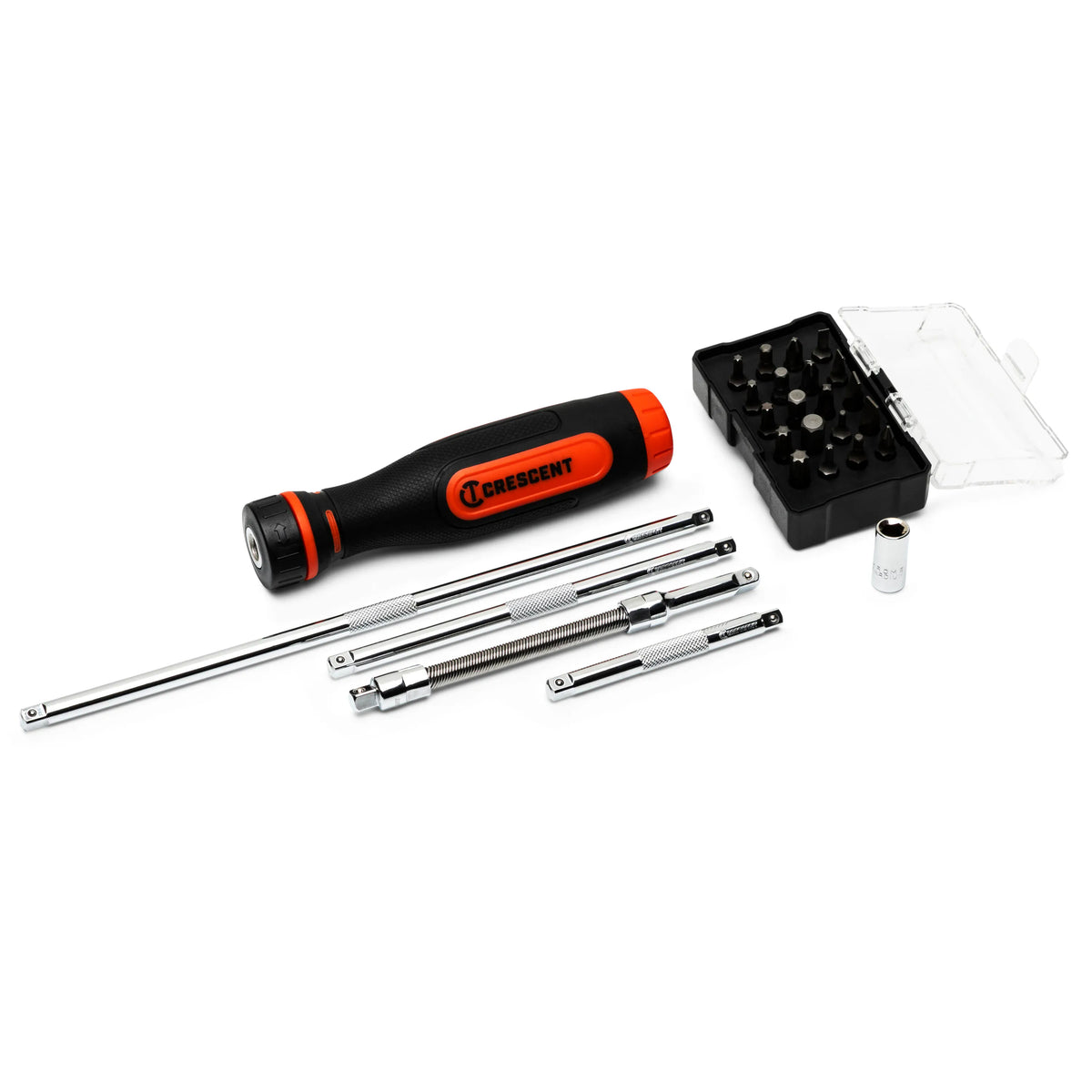 Crescent CRBSDS26PC 26-piece ratcheting bit driver set components laid out on a white background, including the dual-material rawhide and black orange-accented handle, four chrome-plated extensions, a hex bit adapter, and a separate plastic case containing twenty Phillips, slotted, hex, and Torx bits.