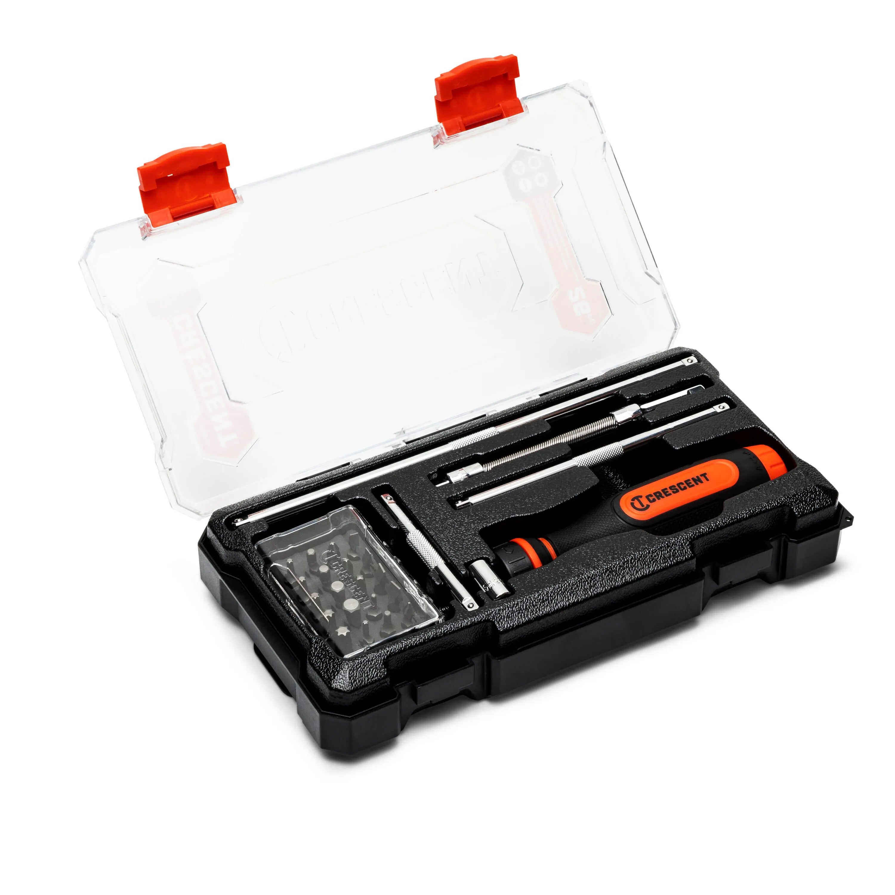 The full Crescent 26-piece ratcheting bit driver set neatly arranged inside its organized black storage case with a clear open lid and dual orange locking latches.