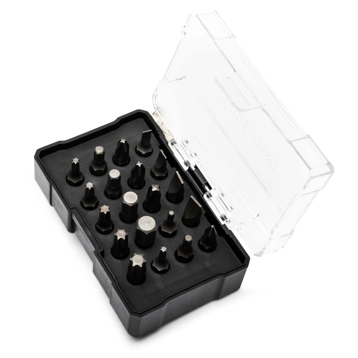Close-up overhead view of the twenty interchangeable precision S2 steel driver bits organized inside a compact black holder with a clear protective lid.