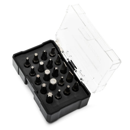 Close-up overhead view of the twenty interchangeable precision S2 steel driver bits organized inside a compact black holder with a clear protective lid.