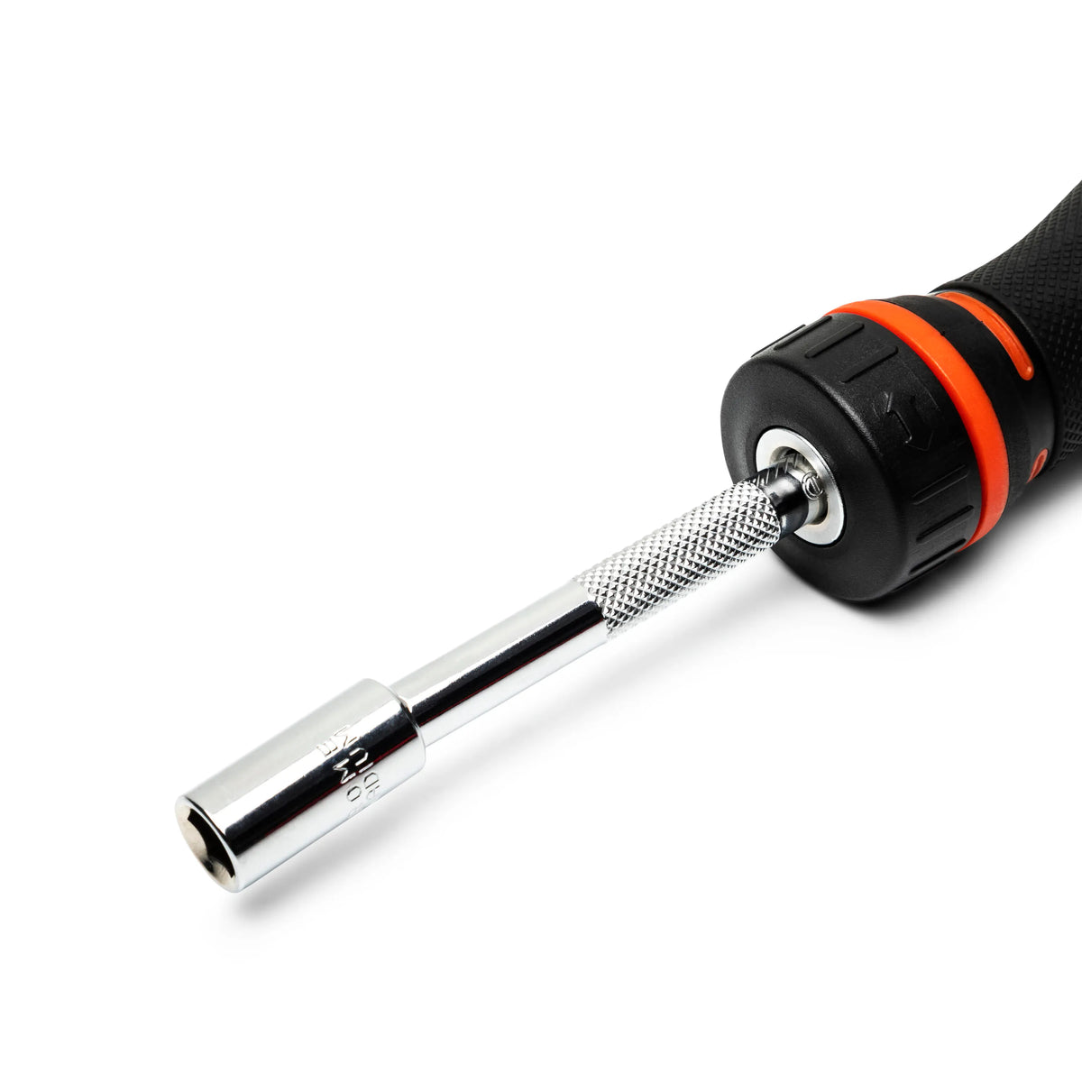 Close-up shot of a chrome-plated extension bar inserted securely into the magnetic 1/4-inch drive receptacle of the rawhide and black composite Crescent ratchet handle.