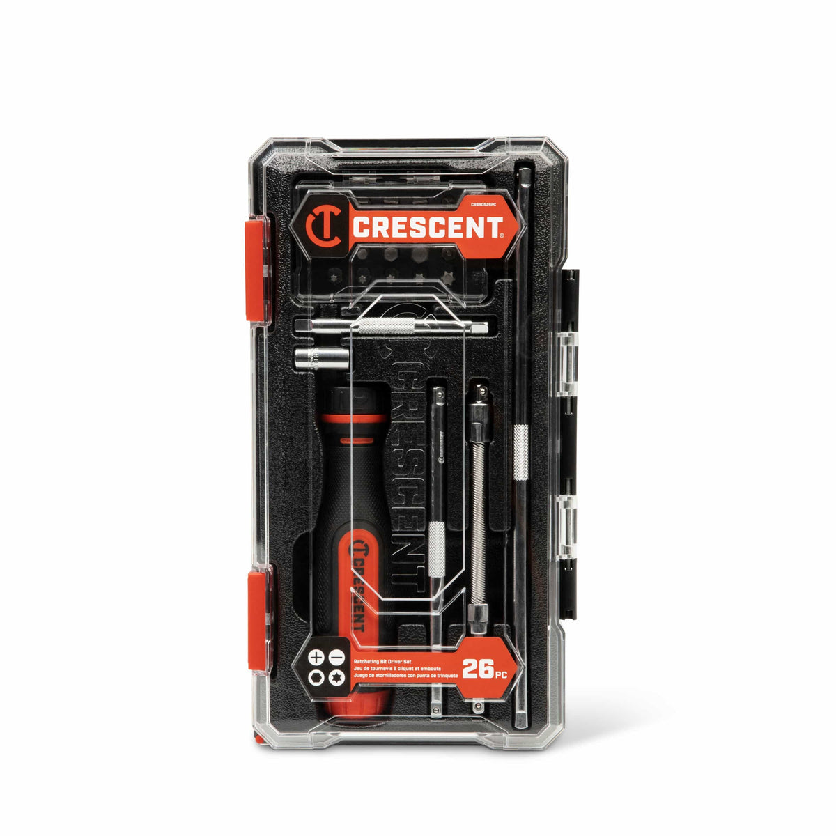 Front view of the Crescent CRBSDS26PC 26-piece tool set completely enclosed inside its clear-windowed portable retail storage box.