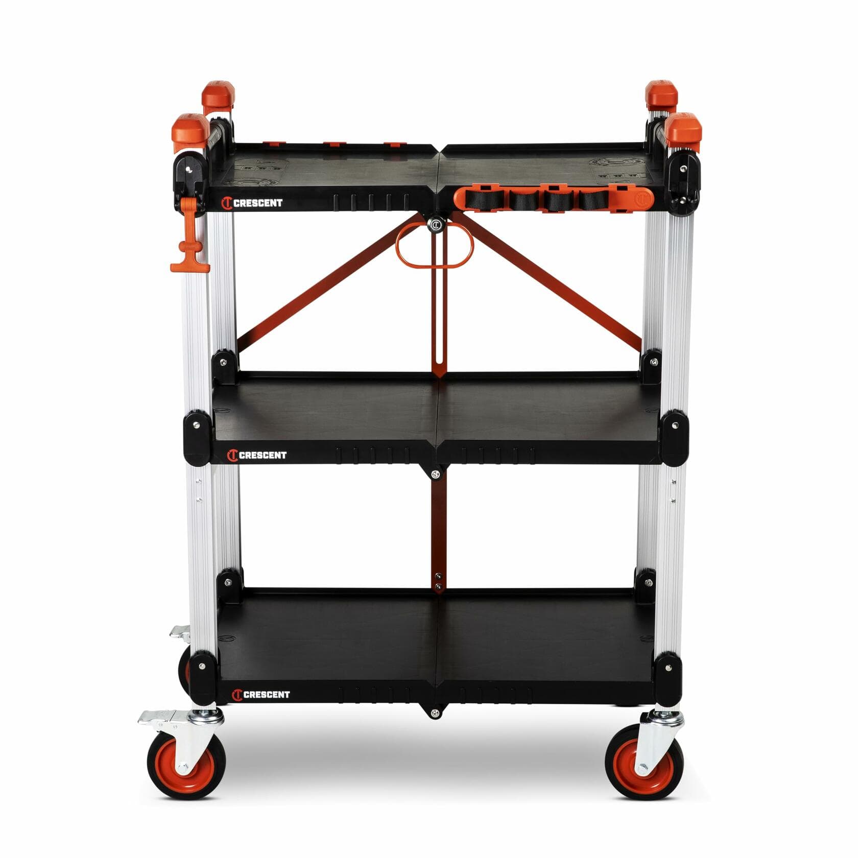 Three-tier Crescent jobsite cart with black shelves, aluminum posts, and red accents. The top shelf includes molded compartments for organizing tools. The cart has four caster wheels, two with brakes, and a side handle for mobility. “Crescent” branding is visible on each shelf.