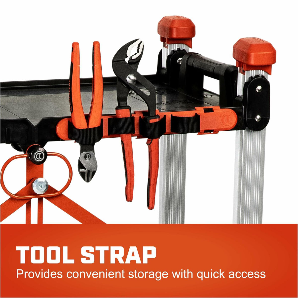 Side view of Crescent jobsite cart showing a mounted tool strap holding pliers, wire cutter, and wrench. The cart has aluminum legs, a black work surface, and orange structural components. Text overlay reads “TOOL STRAP – Provides convenient storage with quick access.”