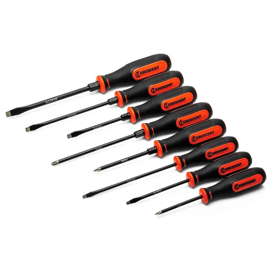Crescent CDT8PCSET 8-piece screwdriver set featuring diamond-coated tips, manganese phosphate blades, and tri-lobe handles.
