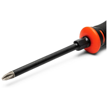 Close-up of a Crescent diamond-coated Phillips screwdriver tip engineered to provide 4X gripping power and prevent cam-out.