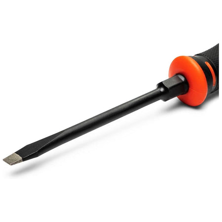 Detailed view of a Crescent diamond-grit slotted screwdriver tip designed for non-slip engagement in straight fastener slots.