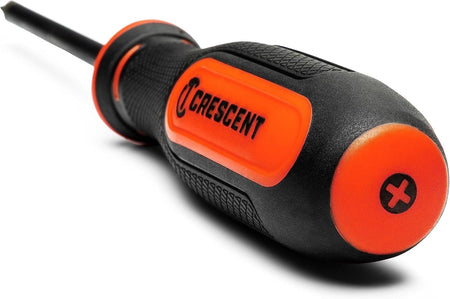 End-cap drive icon on a Crescent dual-material screwdriver handle enabling instant Phillips profile selection from tool bags.