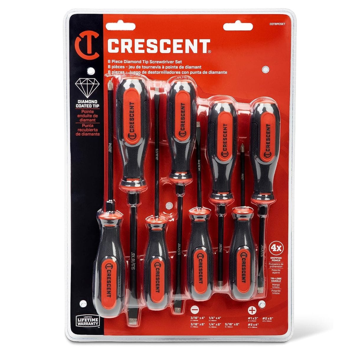 Retail blister pack for Crescent CDT8PCSET 8-piece screwdriver set displaying full tip dimensions and 4X gripping power rating.