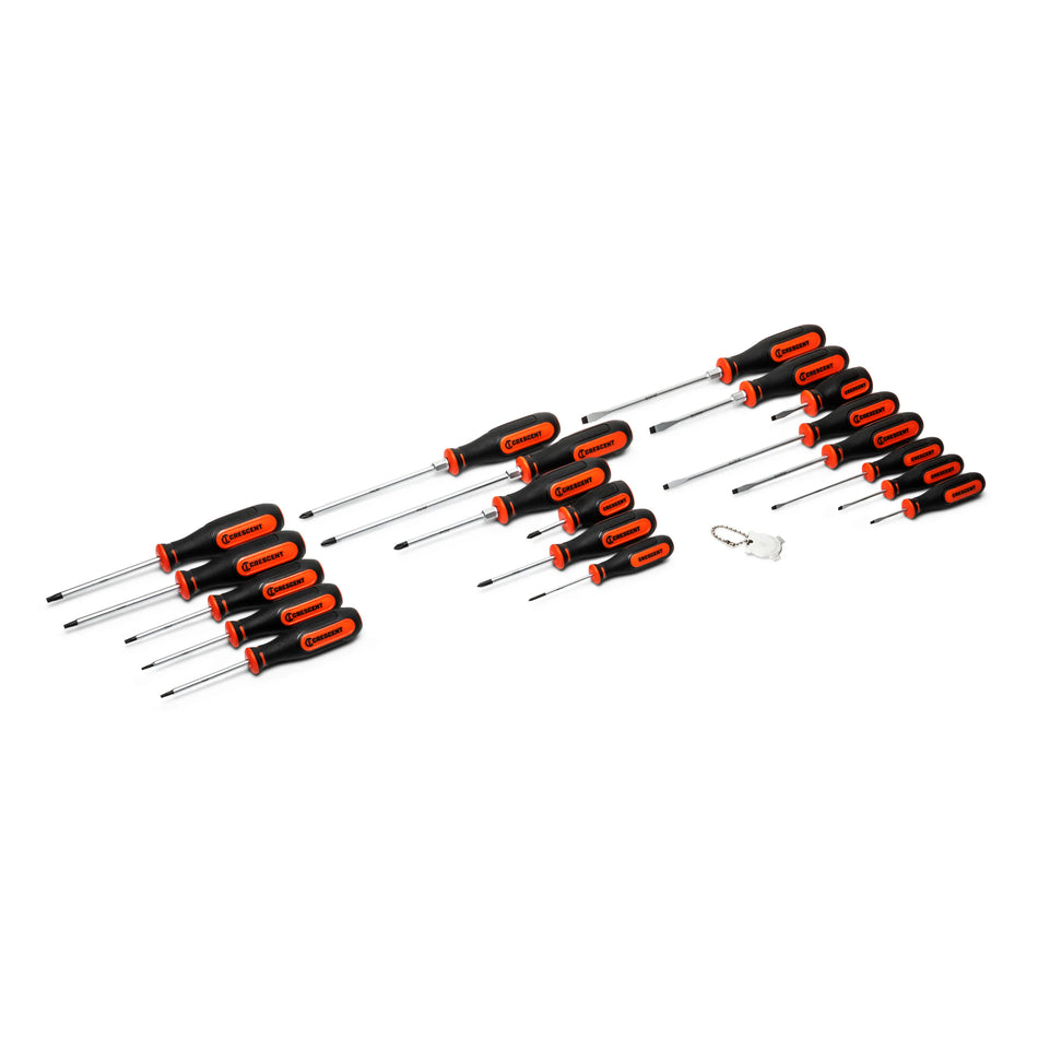 A complete collection of the Crescent CSDS20PCSET 20-piece screwdriver set laid out diagonally on a solid white surface, featuring an assortment of Phillips, slotted, and Torx drivers along with a 4-in-1 pocket tool.