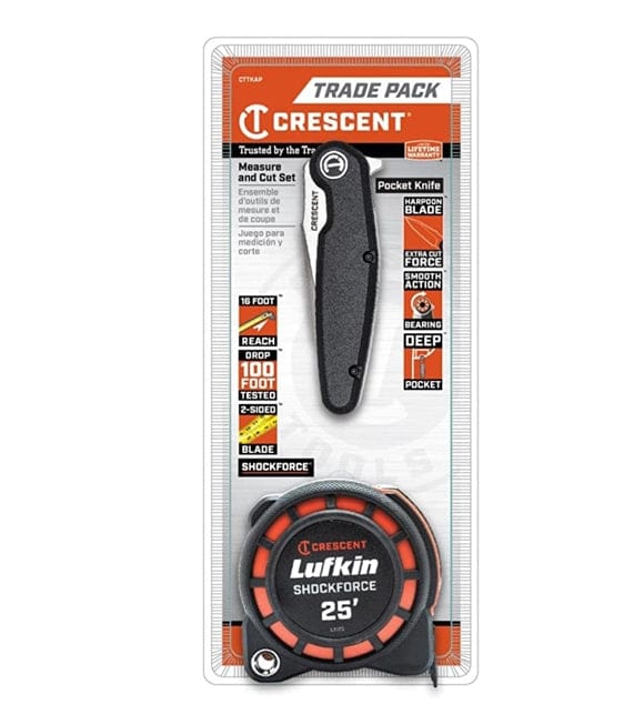 Crescent Shockforce, Pocket Knife, Ap in retail packaging. The image shows a product package for a Crescent Trade Pack, which includes a black folding pocket knife with a silver blade and a black and orange Crescent Lufkin Shockforce 25-foot tape measure. The packaging highlights features of both tools, such as the knife's harpoon blade and the tape measure's reach and drop resistance.