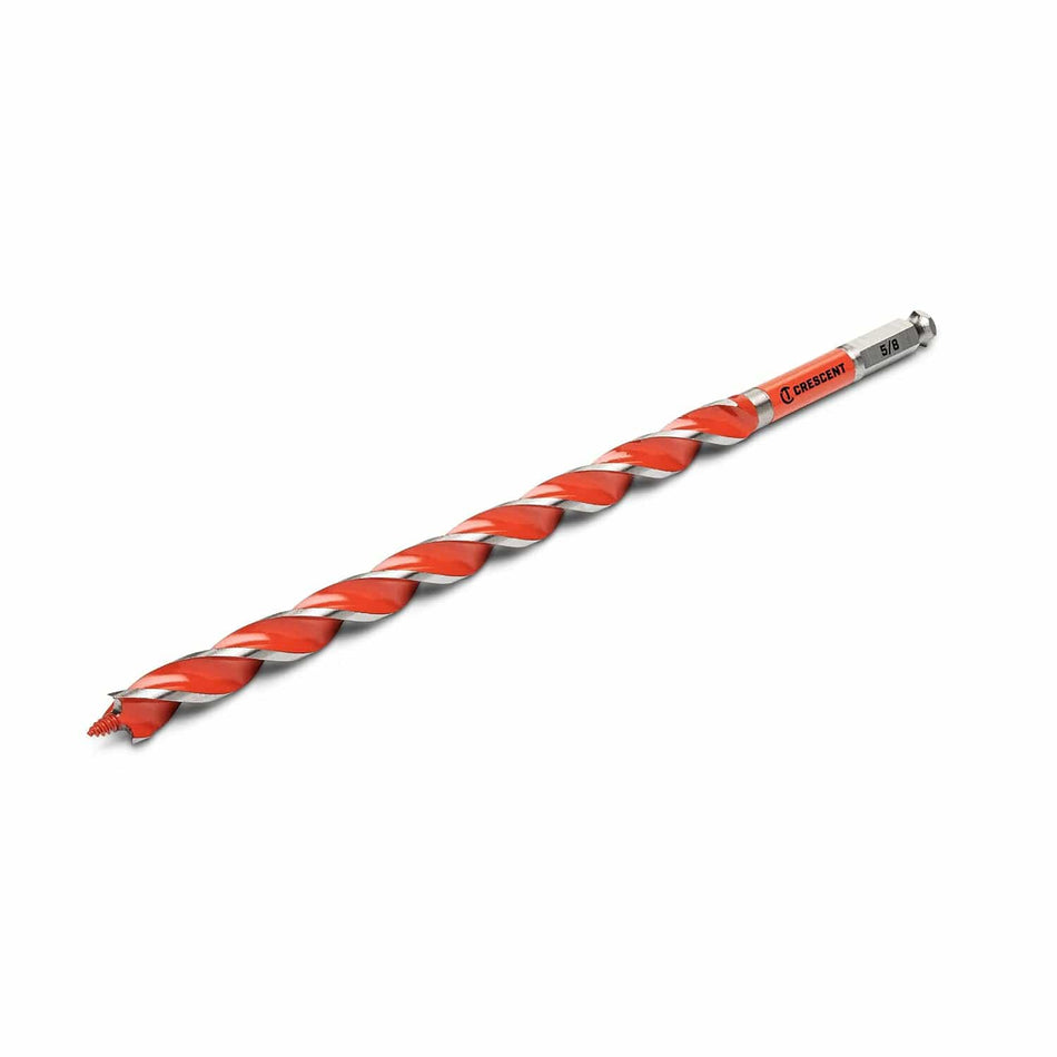 Crescent 5/8-inch by 13-inch auger bit showing dual orange spiral flutes designed to eject chips rapidly during timber drilling.