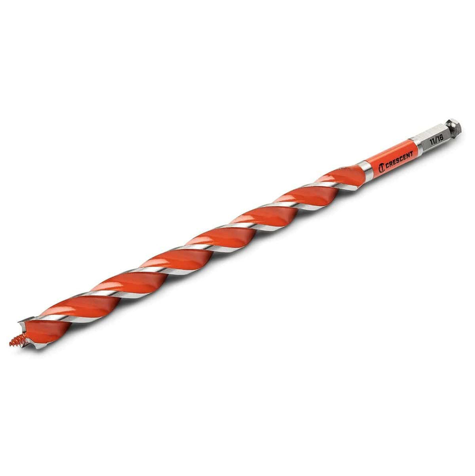 Quick-release 1/4-inch hex shank on Crescent auger bit designed for slip-free torque in cordless impact drivers.