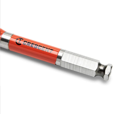 Crescent 7/8-inch by 13-inch auger bit showing dual red flutes designed for fast chip evacuation in structural timber.