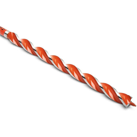 Threaded screw tip on Crescent auger bit engineered to self-feed smoothly through dense wooden framing joists.