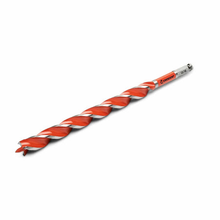 Crescent 1-1/16-inch by 13-inch auger bit showing dual red flutes designed for fast chip evacuation in structural timber.