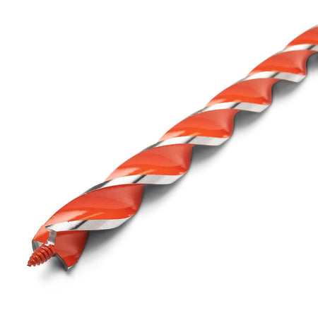 Threaded screw tip on Crescent auger bit engineered to self-feed smoothly through dense wooden framing joists.