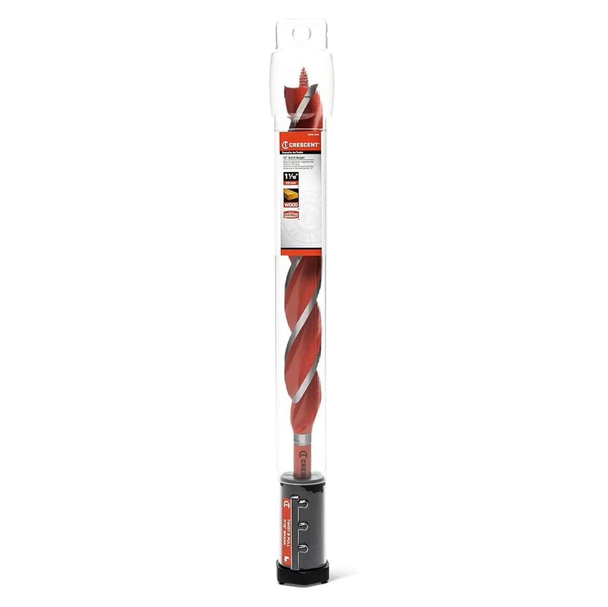 Crescent 1-1/16-inch solid auger bit sealed in clear protective retail tube packaging with printed technical jobsite specs.