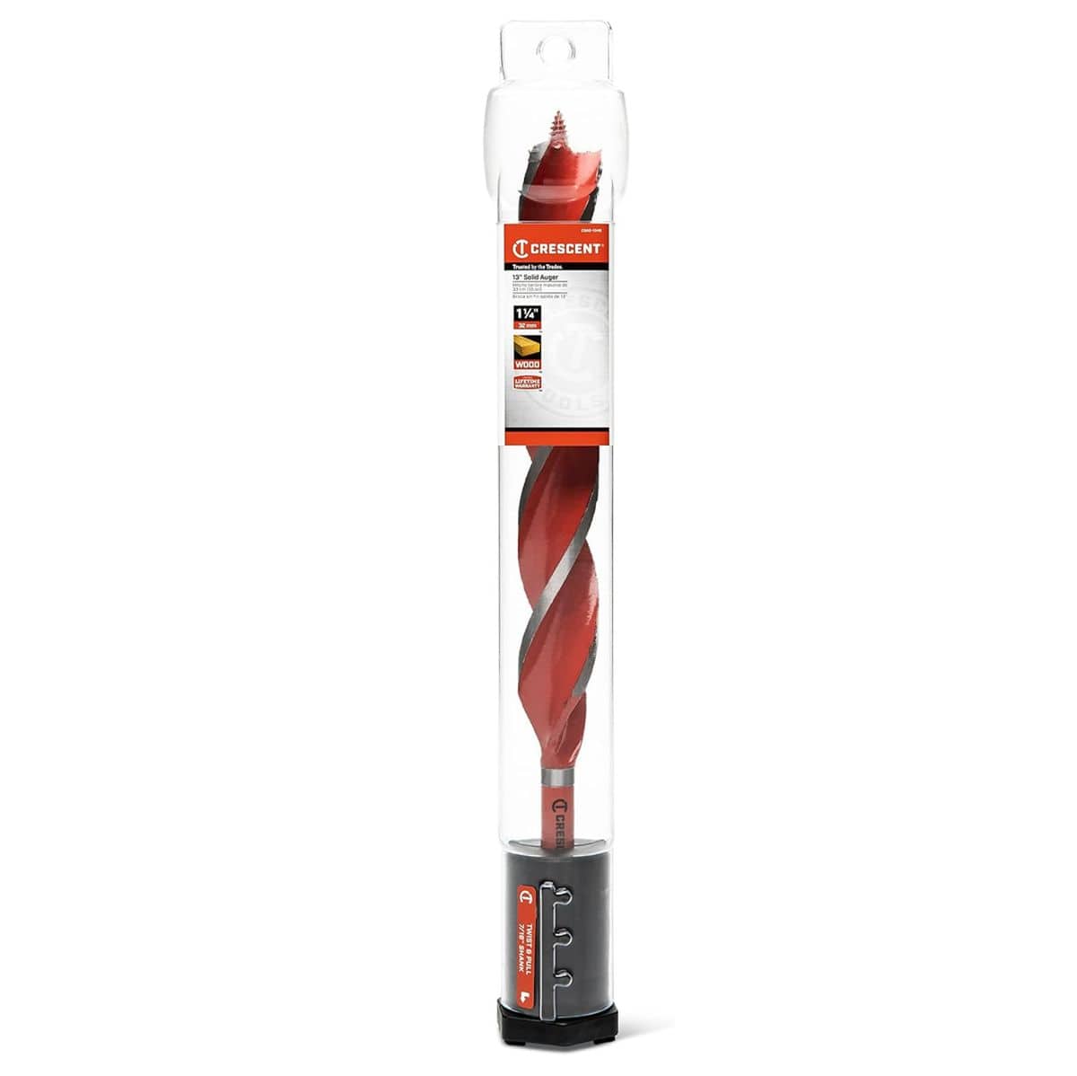 Crescent 1-1/4-inch solid auger bit sealed in clear protective retail tube packaging with printed technical jobsite specs.