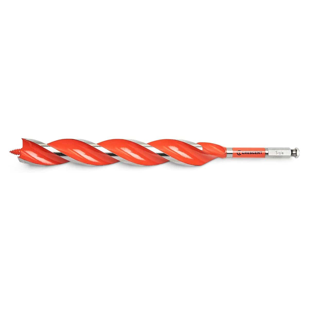 Horizontal profile of Crescent 1-3/8-inch auger bit highlighting a 12-inch drilling depth for thick wall stud framing.