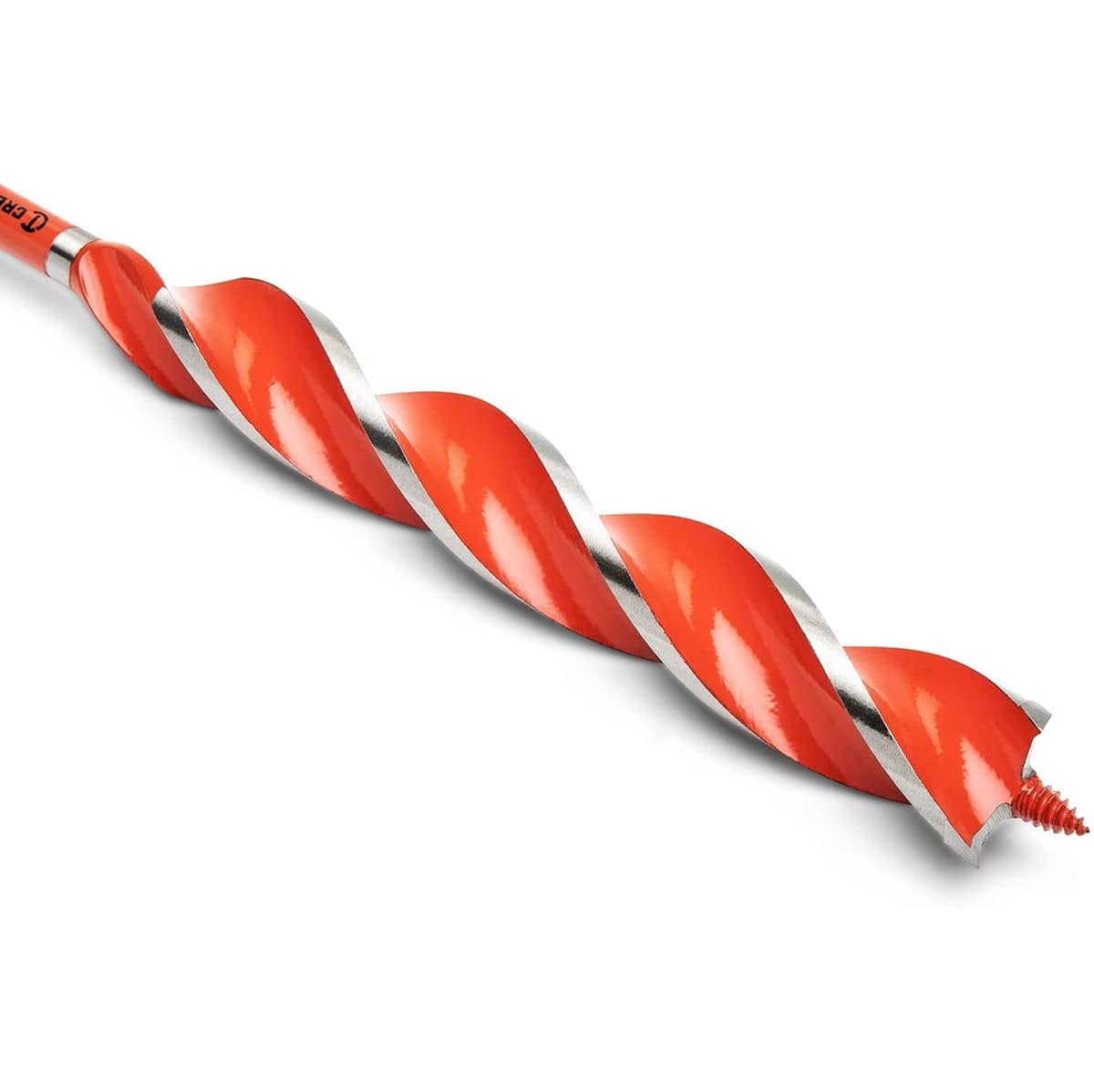 Threaded screw tip on Crescent auger bit engineered to self-feed smoothly through dense wooden framing joists.