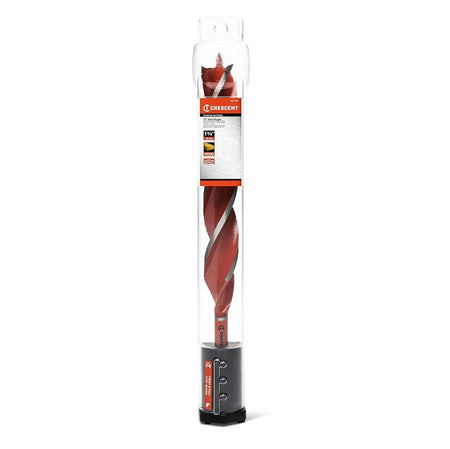 Crescent 1-3/8-inch solid auger bit sealed in clear protective retail tube packaging with printed technical jobsite specs.
