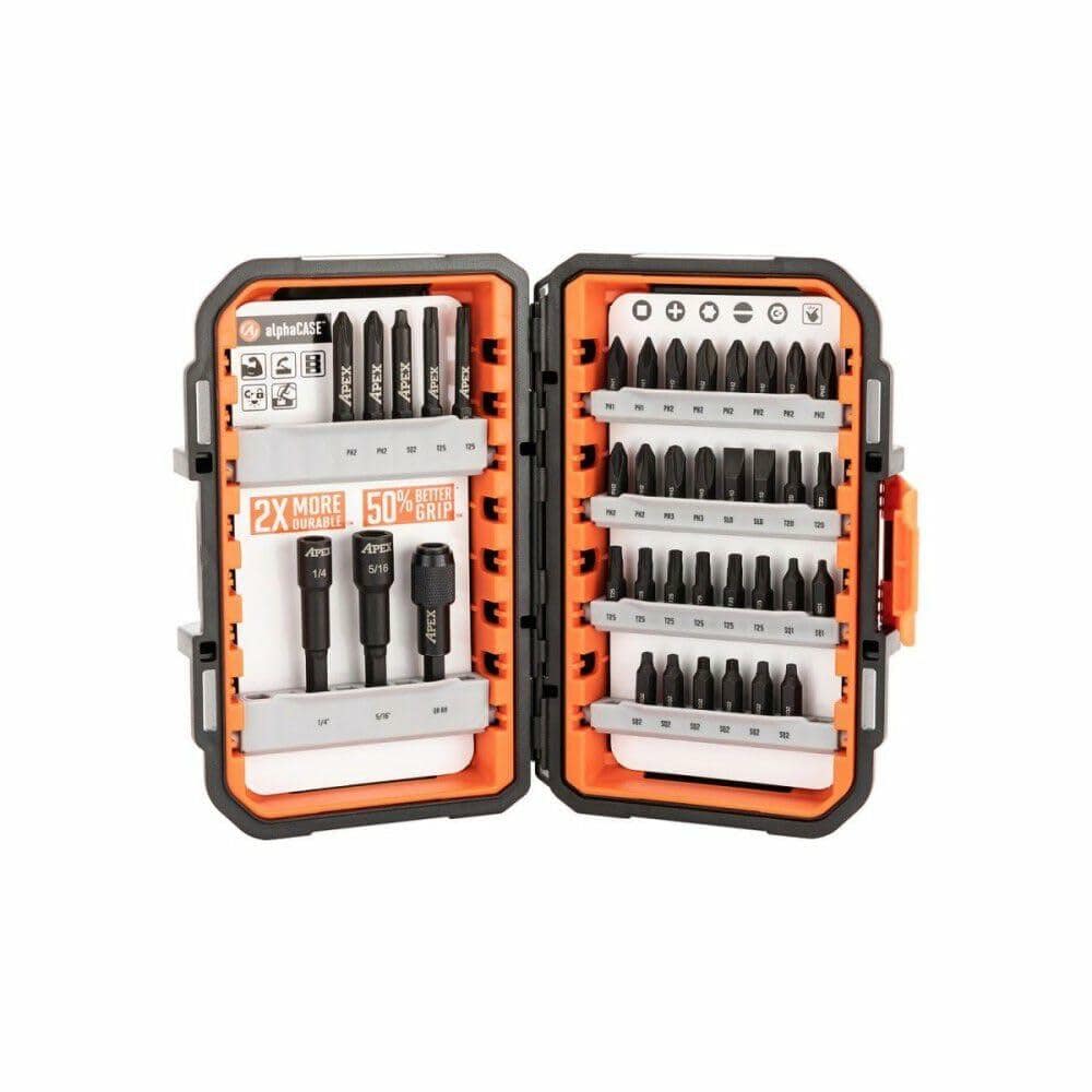 Open tool bit set with various bits in an orange and black case on a white background