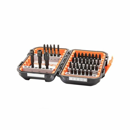 Set of drill bits in an open case on a white background