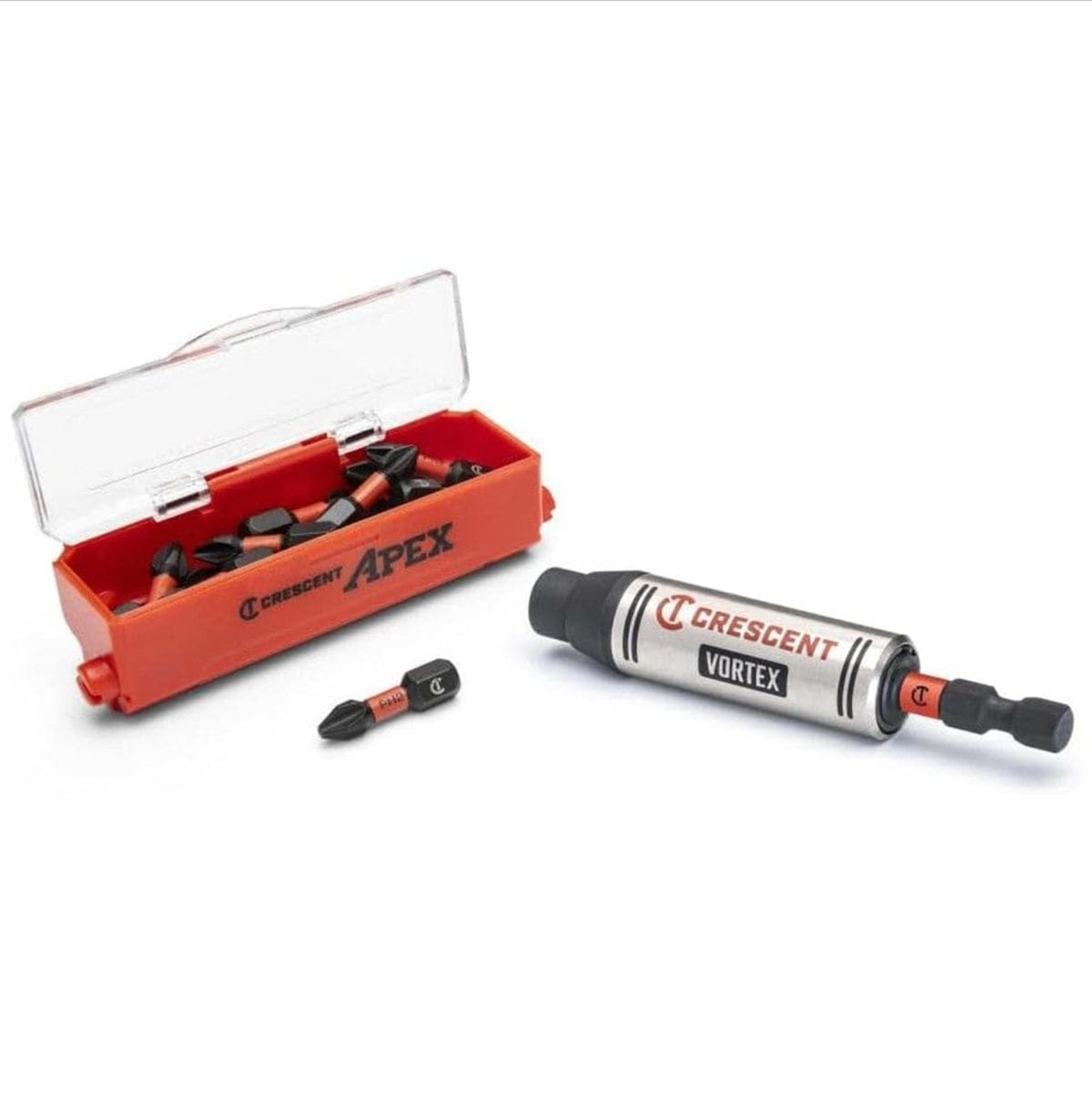 Crescent VORTEX impact bit holder kit featuring a stainless steel bit holder, a loose Phillips #2 power bit, and an orange Apex branded storage case filled with replacement impact bits.