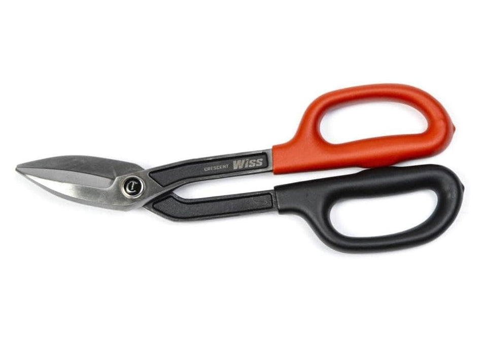 Studio product shot of the Crescent Wiss 10-Inch Offset Tinner Snips lying flat, featuring grey steel blades and cushion grip handles in contrasting orange and black.