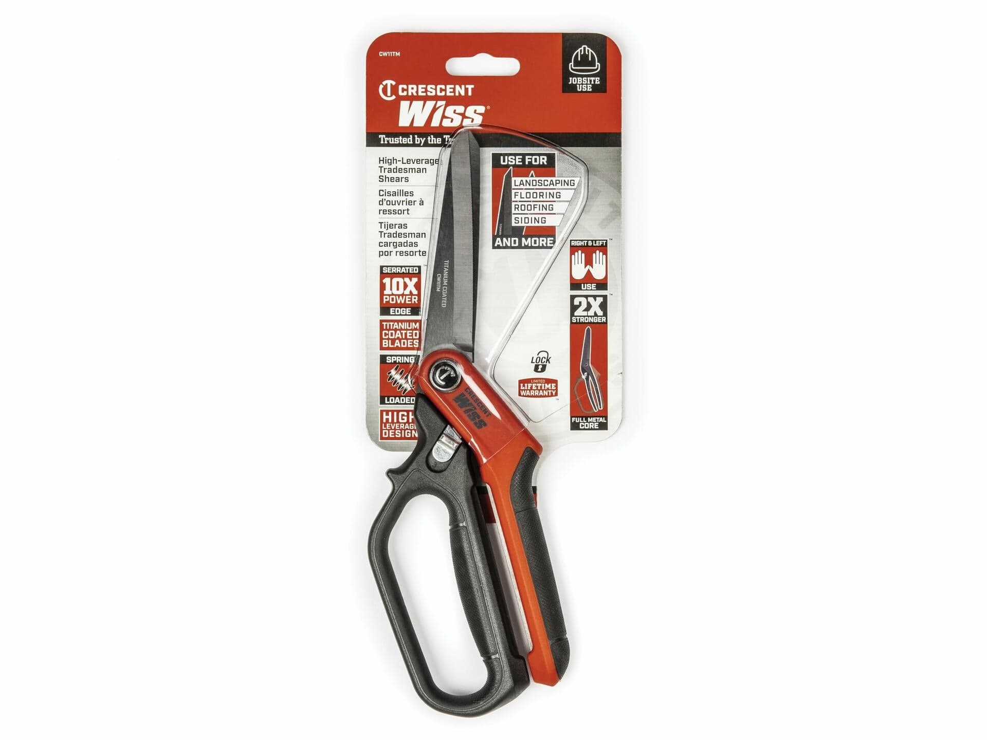 The Crescent Wiss CW11TM tradesman shears shown in their official retail blister pack packaging, which highlights features like "10X POWER" and "TITANIUM COATED BLADES."