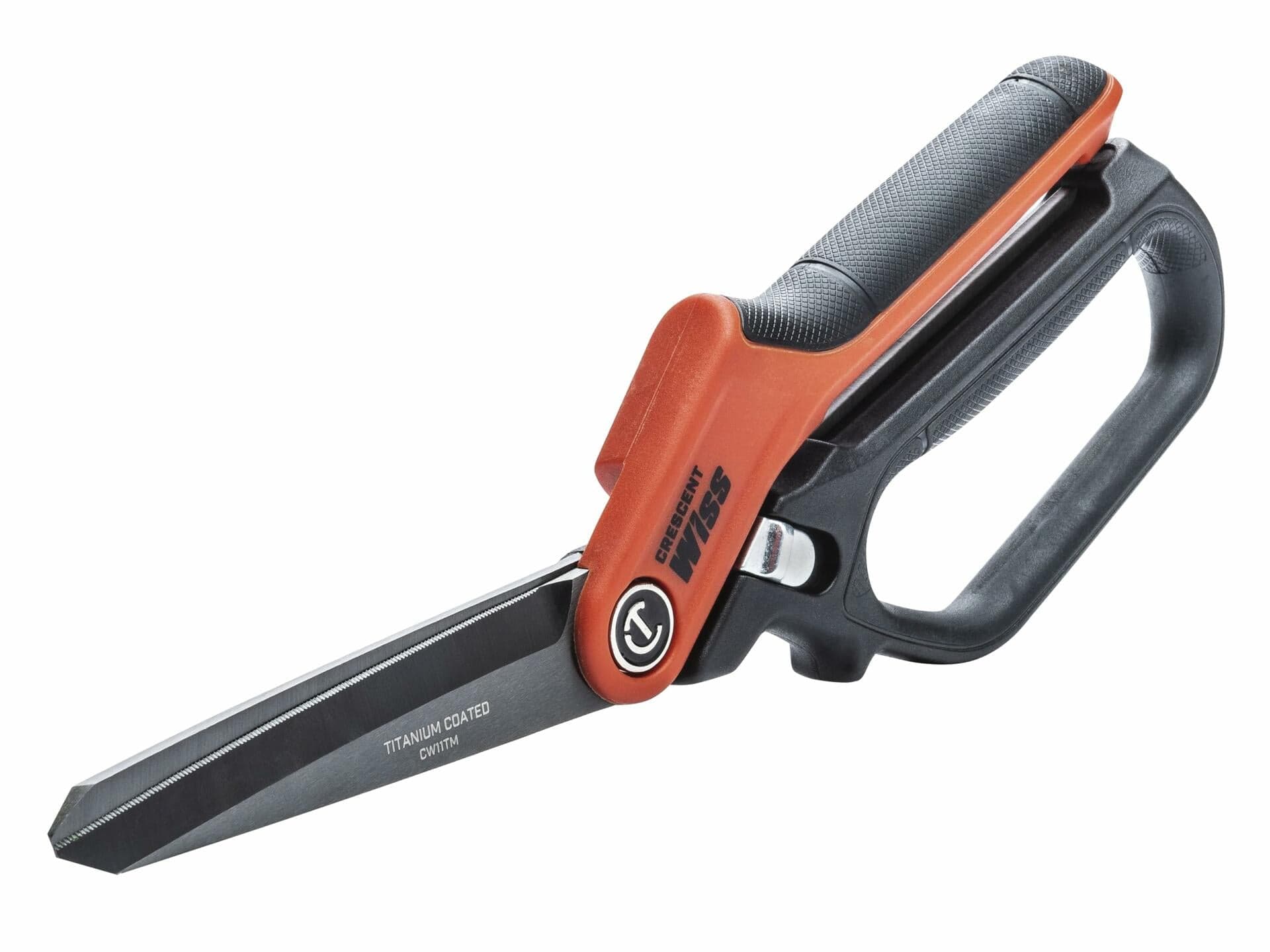 A three-quarter studio shot of the Crescent Wiss CW11TM tradesman shears in the closed position, highlighting the serrated bottom blade and the Crescent Wiss logo.
