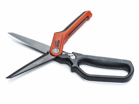 A studio shot of the Crescent Wiss CW11TM tradesman shears in the open position, showing the titanium-coated blades and ergonomic handles.