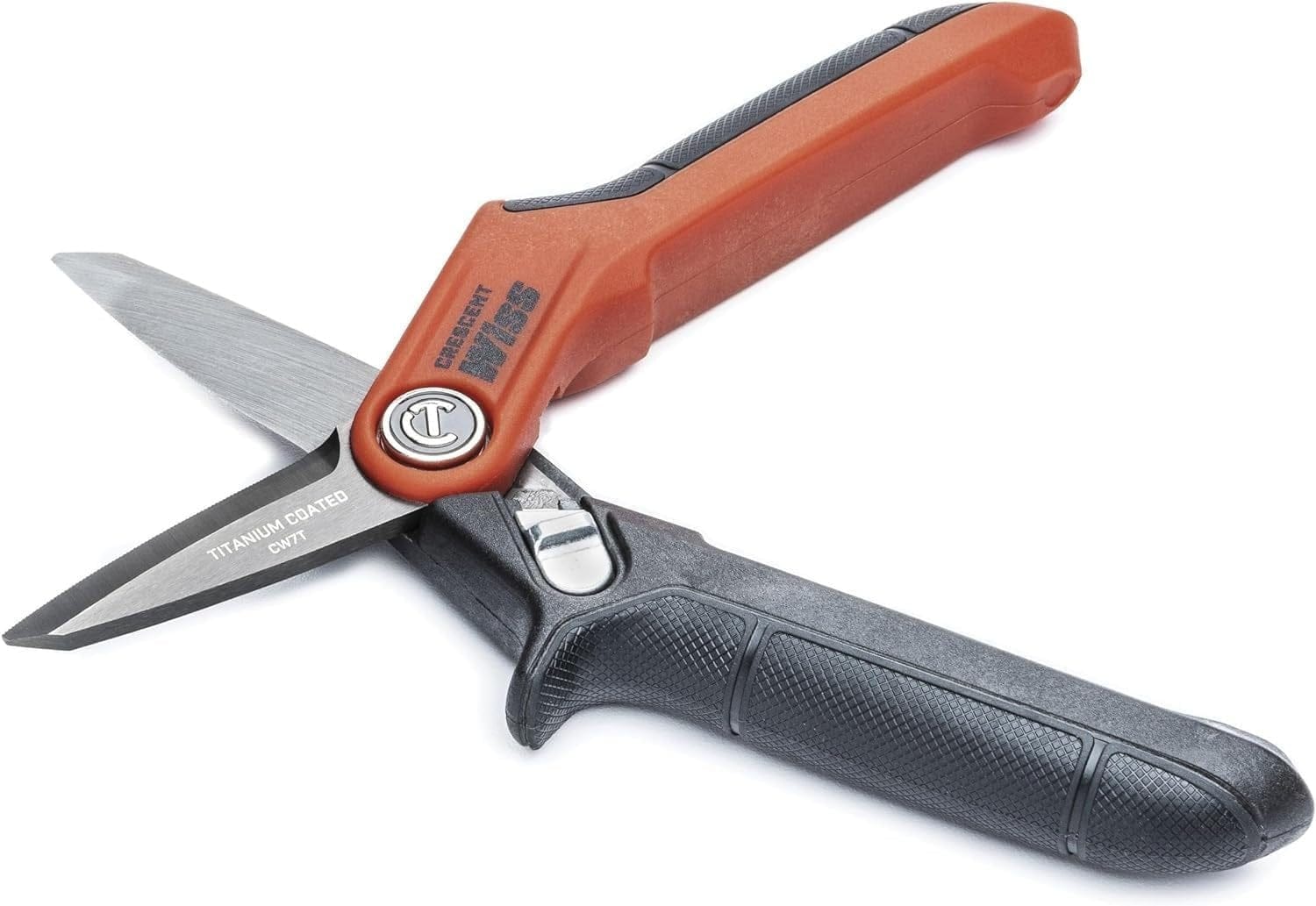 An angled view of the Crescent Wiss tradesman shears in an open position, highlighting the sharp titanium-coated stainless steel blades and the heavy-duty spring-loaded handle design for industrial cutting applications.