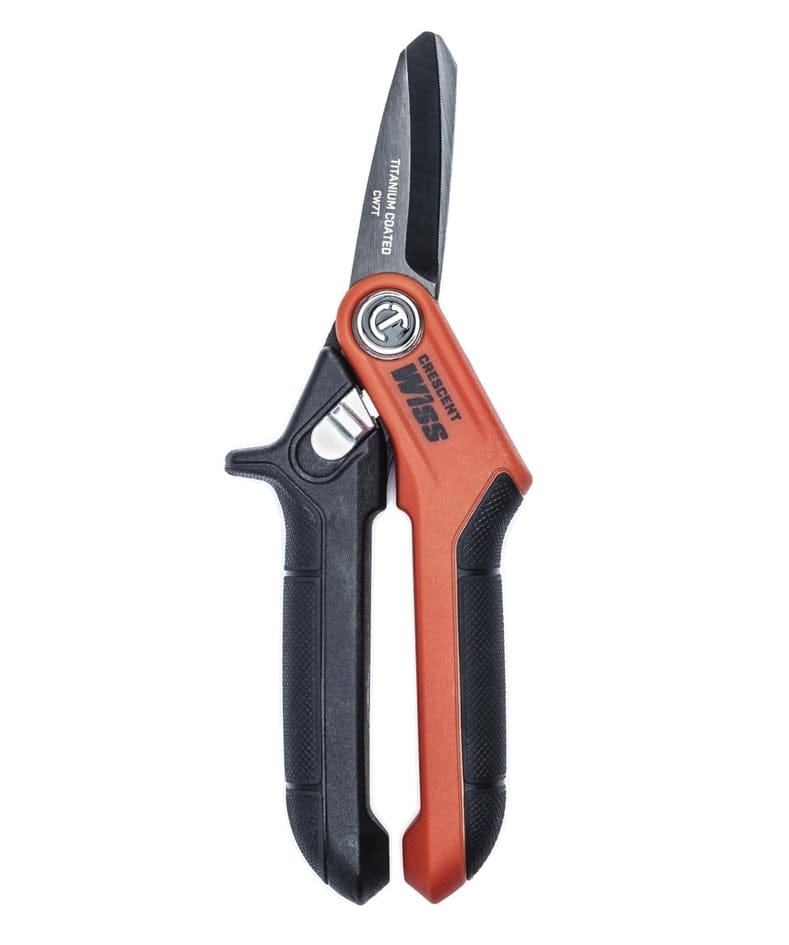 A top-down profile view of the closed CW7T utility shears, emphasizing the compact 7.5-inch design, secure quick-release locking latch, and precision-engineered knife-like cutting edges.