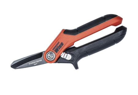 A side-angle perspective of the Crescent Wiss heavy-duty utility scissors, showcasing the full-metal core construction for increased leverage and the serrated bottom blade designed to grip materials during use.