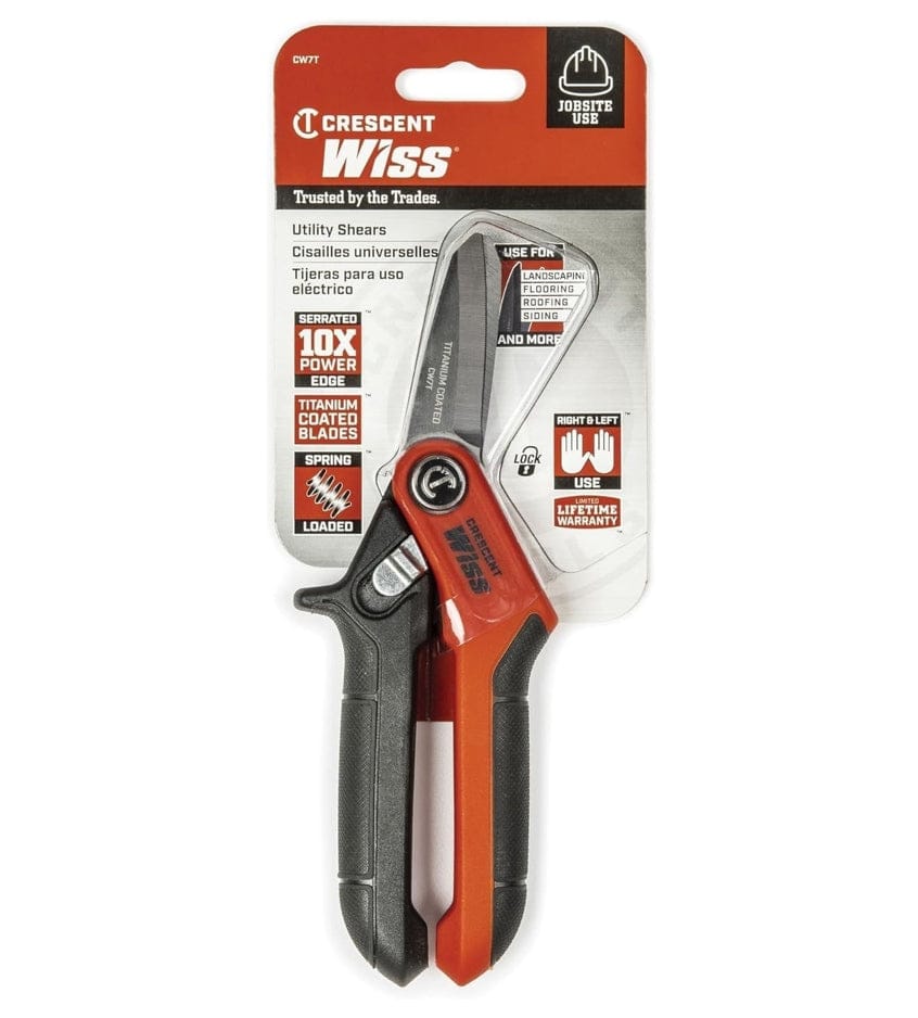 The retail carded packaging for the Crescent Wiss titanium coated utility shears, highlighting key features such as the 10X power edge, spring-loaded mechanism, and ambidextrous use for both right and left-handed tradesmen.