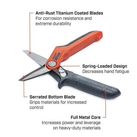 An informational marketing graphic of the CW7T shears identifying key professional features including anti-rust titanium coated blades, spring-loaded design to decrease hand fatigue, a serrated bottom blade for control, and a high-leverage full metal core.