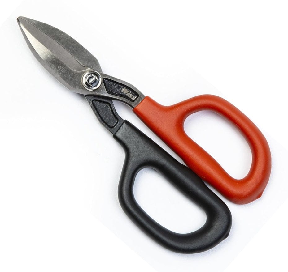 Standard studio product shot of the Crescent Wiss 7-inch Straight Pattern Tinner Snips with grey steel blades and orange/black cushion grips lying flat.