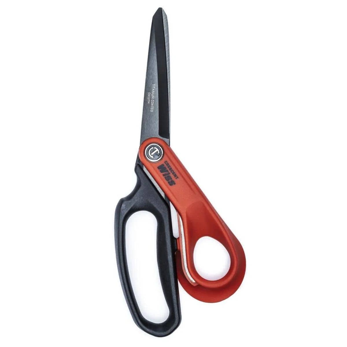 Professional Crescent Wiss CW10T offset tradesman shears featuring 10-inch titanium-coated blades and an ergonomic rawhide and black handle for industrial heavy-duty cutting.