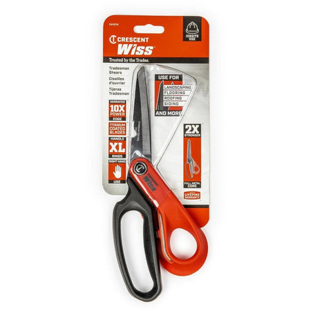 The Crescent Wiss 10-inch titanium coated tradesman shears in their retail packaging, showcasing the 2X stronger full metal core and heavy-duty industrial application versatility.