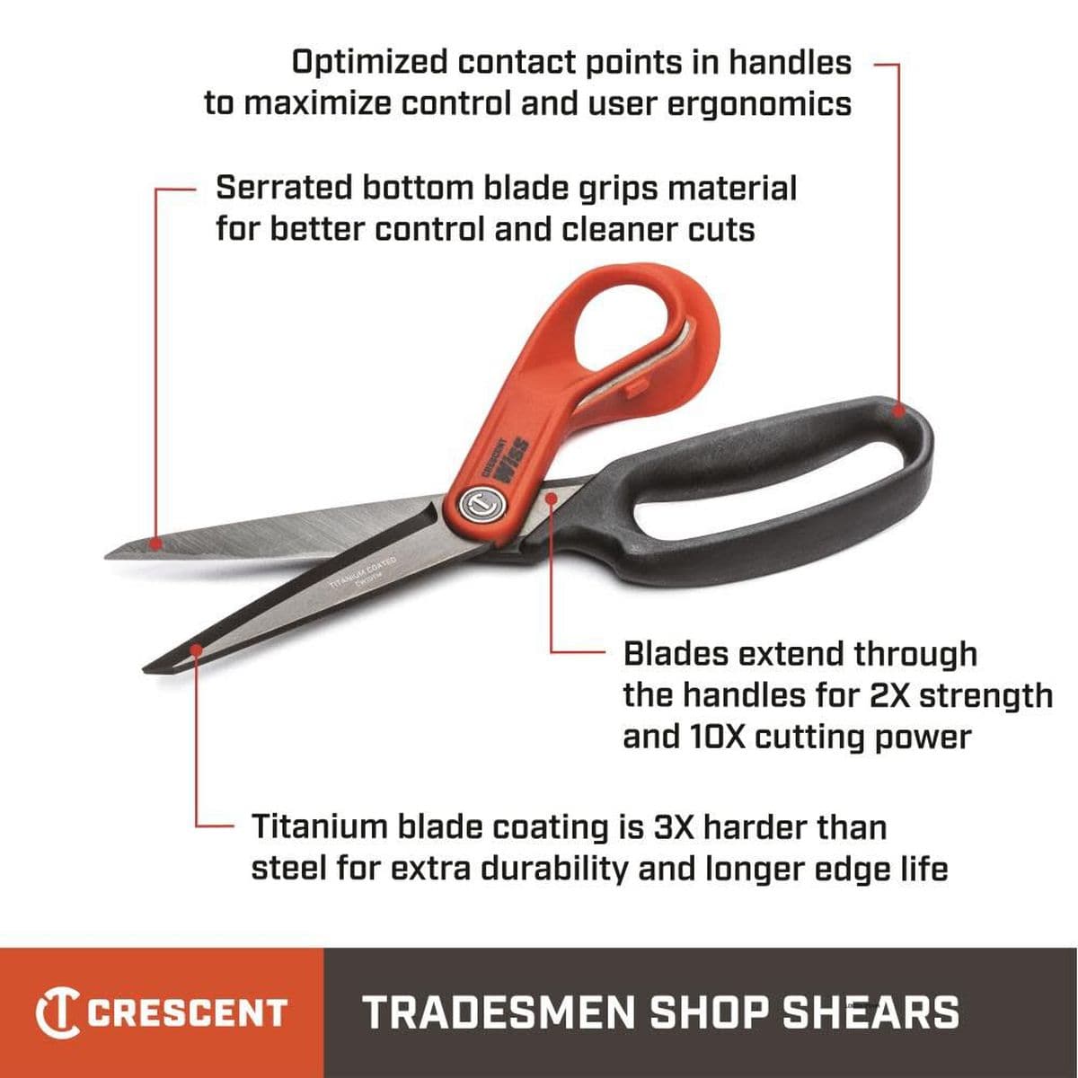 Infographic of the Crescent Wiss CW10T shears pointing out the serrated bottom blade, optimized handle contact points, titanium coating, and full metal core for 10X cutting power.