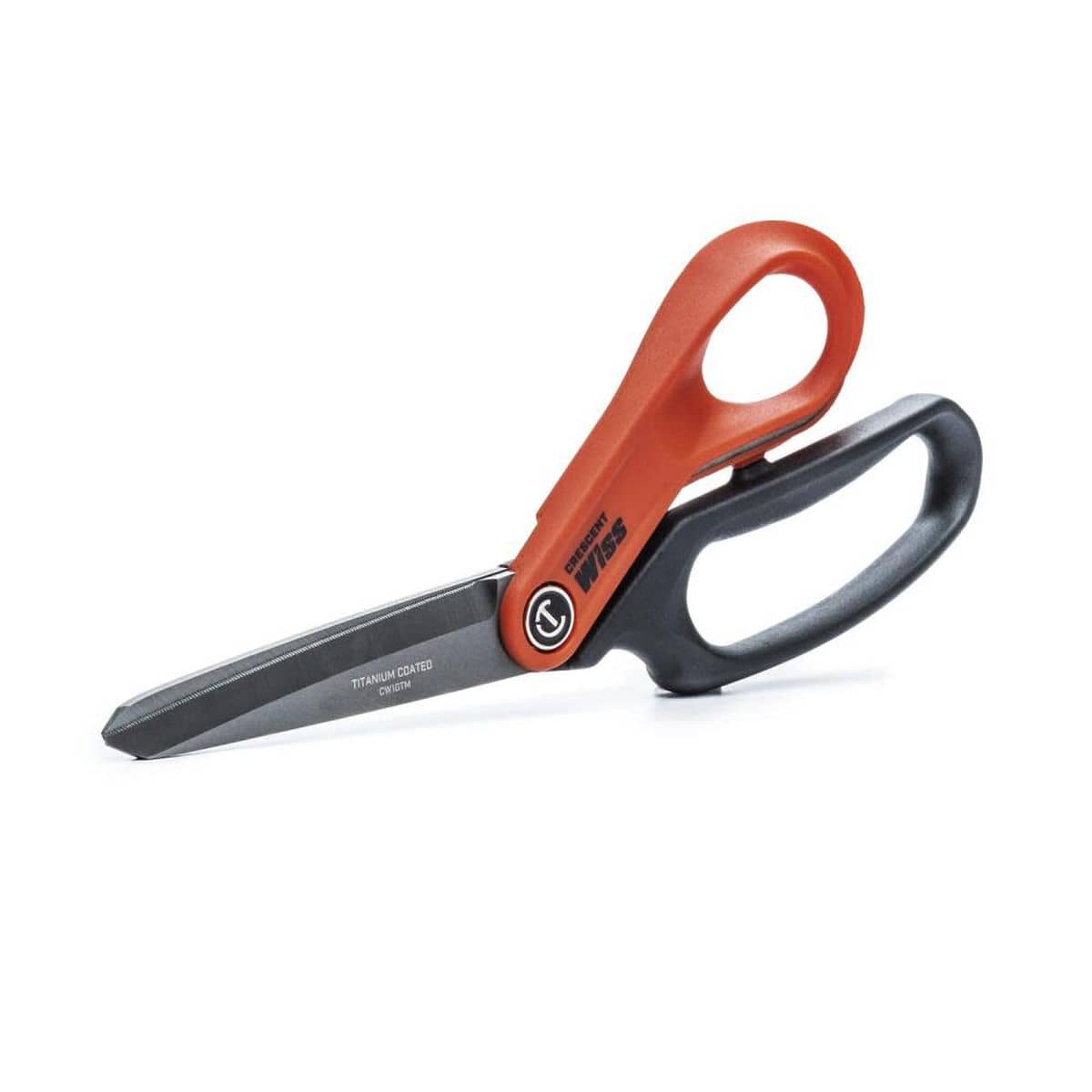 Side-angle view of the Crescent Wiss heavy-duty utility shears showcasing the precision-engineered stainless steel blades and the comfortable glass-filled nylon handle construction.