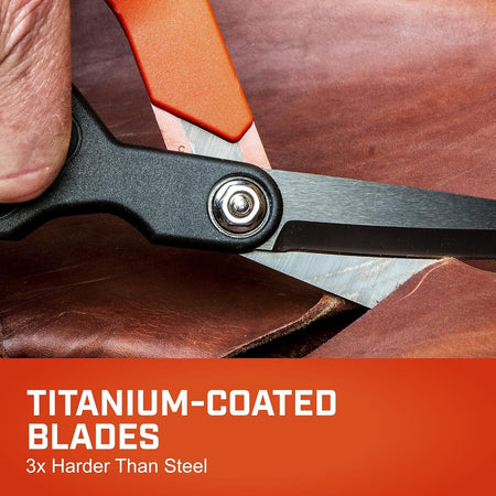 Close-up action shot of the titanium-coated blades slicing through thick industrial leather, demonstrating the superior edge life and durability that is 3X harder than standard steel.